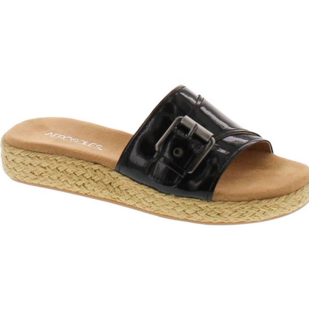 AEROSOLES Glorify Black Patent Buckle Espadrille Slide